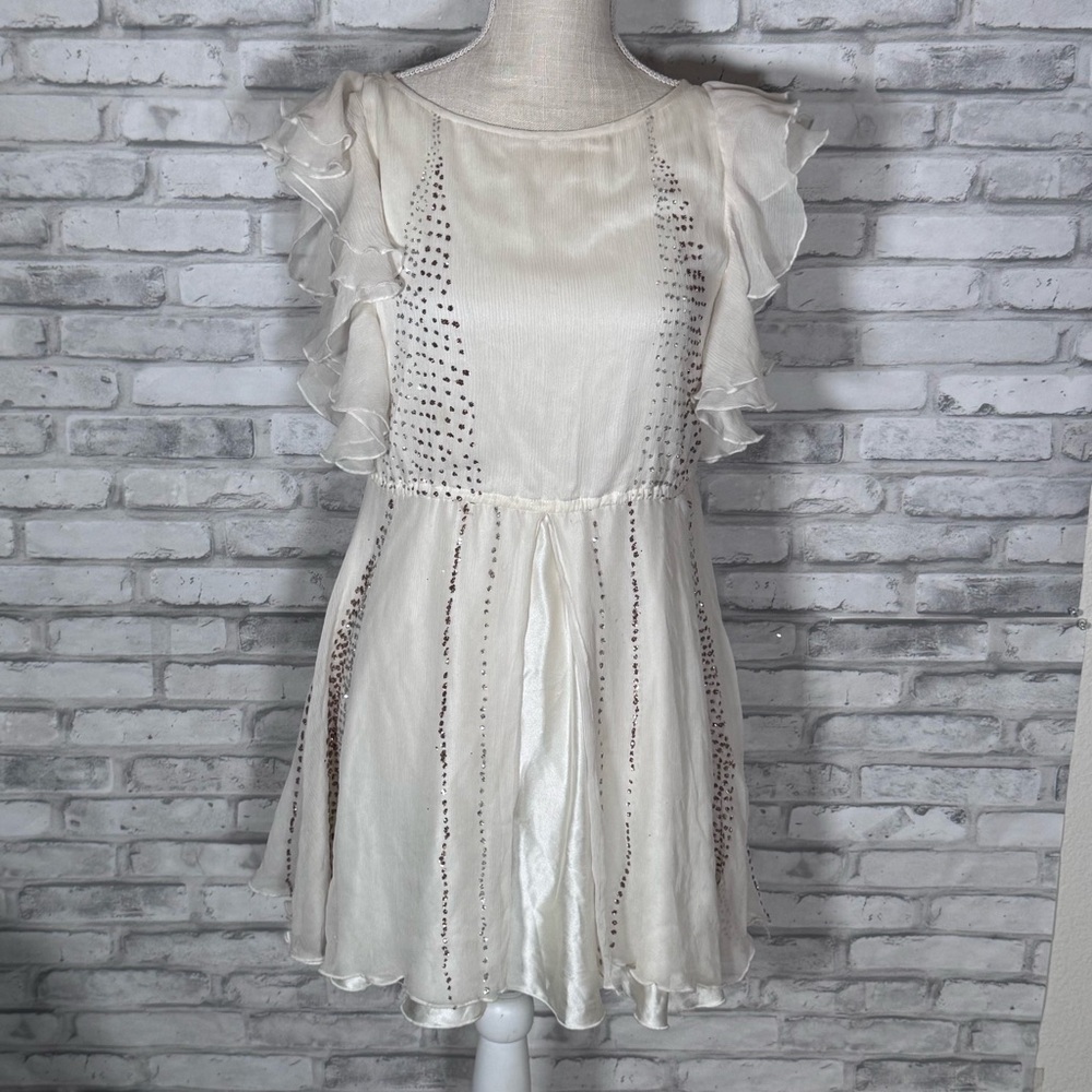 Cream Silk Mini Dress with Ruffle Sleeves